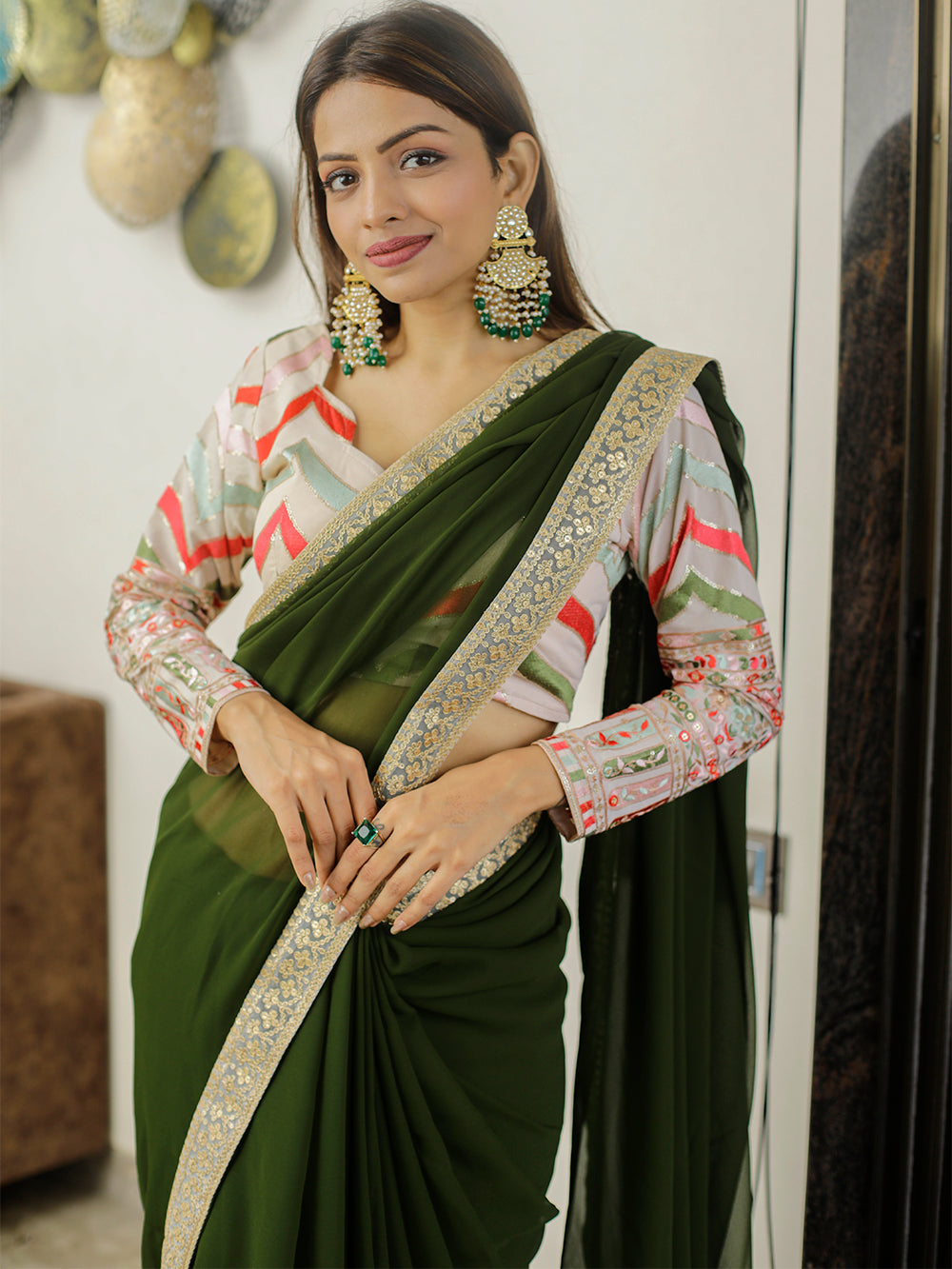 Mehendi Color Sequins & Thread Embroidery Lace Border Georgette Saree Clothsvilla