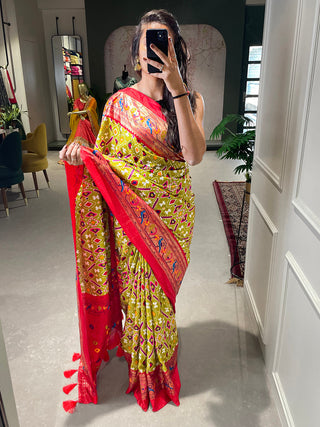 Mehendi Color Patola Paithani Printed with Foil Work Dola Silk Saree Clothsvilla