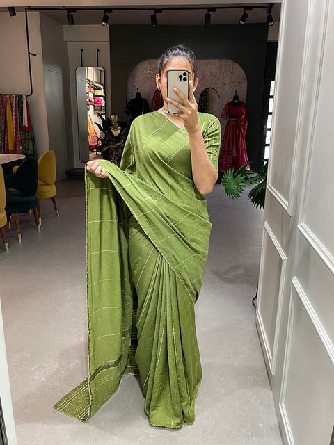 Mehendi Color Sequins And Zari Work Viscose Chanderi Saree Clothsvilla Main image