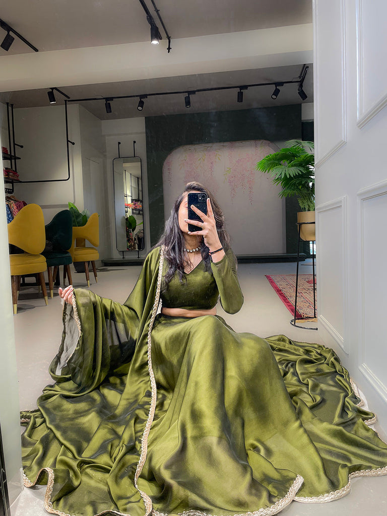 Latest Mehndi Dress - Bright Green Lehenga Blouse – Front Open Shirt
