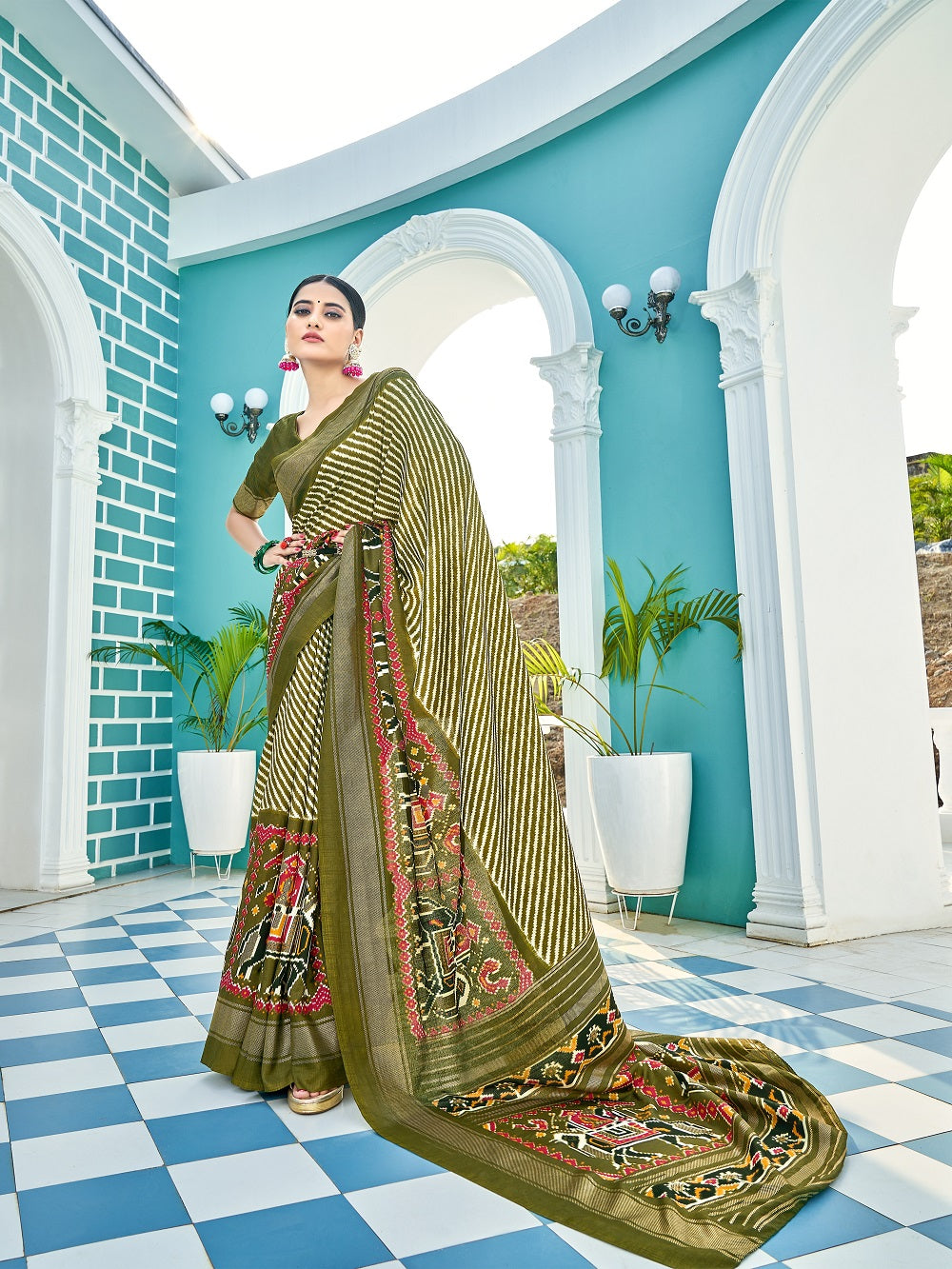 Mehndi Color Patola Printed Dola Silk Saree Clothsvilla Main image