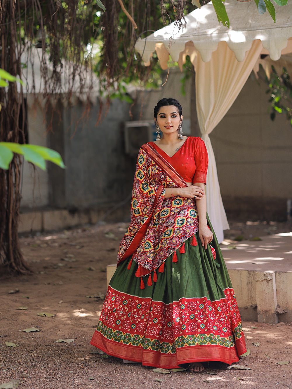 Mehndi  Color Printed With Foil Work Dola Silk Lehenga Choli Clothsvilla