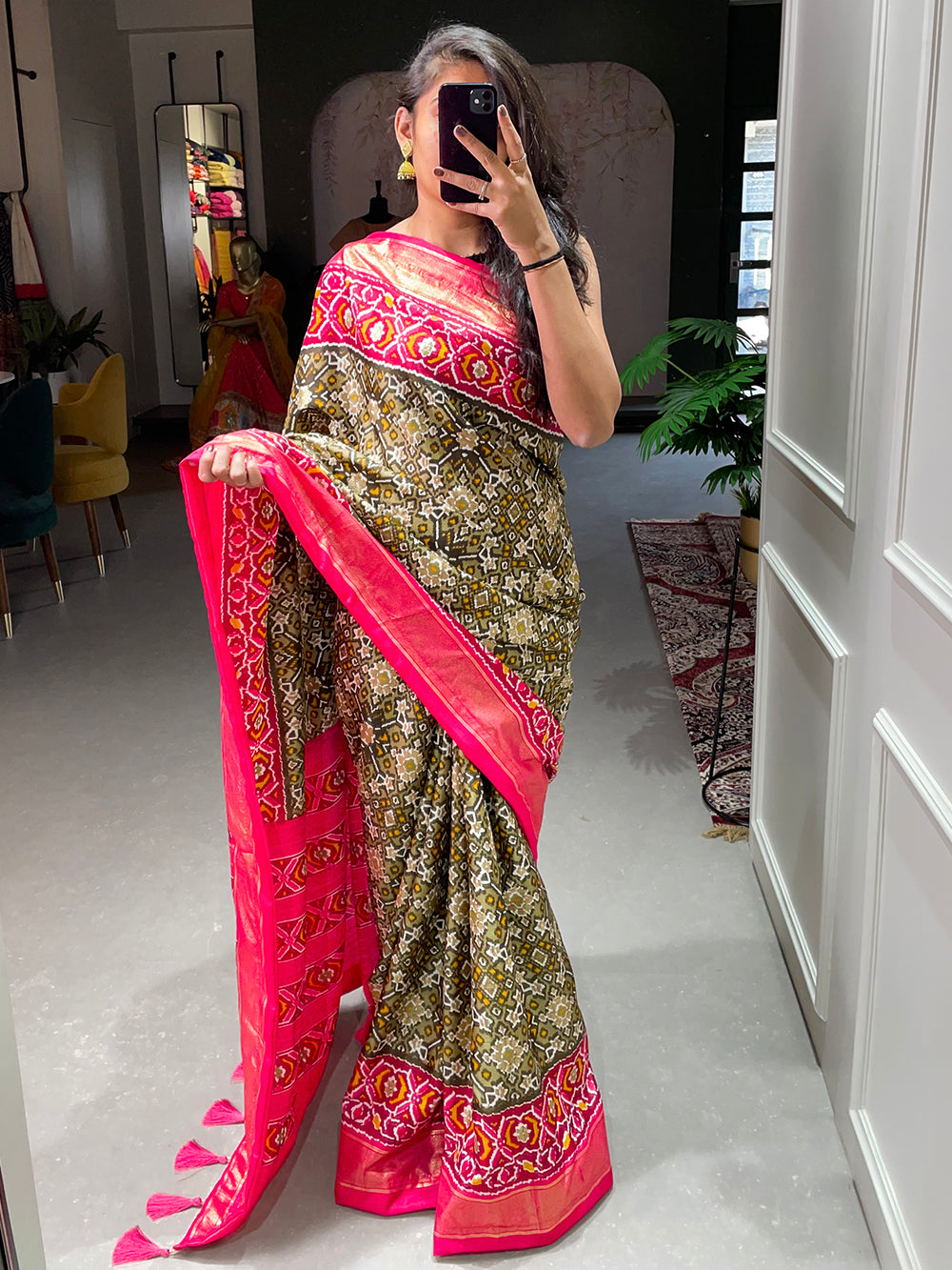 Mehndi Color Patola Printed Dola Silk Saree Clothsvilla