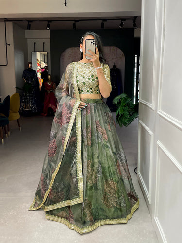 Mehndi Color Printed And Sequins Embroidery Lace Border Organza Lehenga Choli ClothsVilla.com