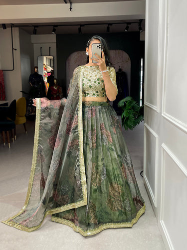 Mehndi Color Printed And Sequins Embroidery Lace Border Organza Lehenga Choli ClothsVilla.com