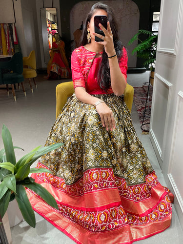 Mehndi Color Patola Printed And Foil Printed Dola Silk Gown Clothsvilla