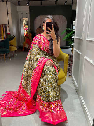 Mehndi Color Patola Printed Dola Silk Saree Clothsvilla