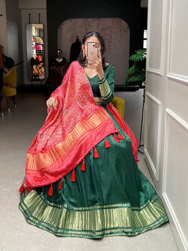 Green Color Dyeing With Lagdi Patta Gaji Silk Lehenga Choli ClothsVilla.com