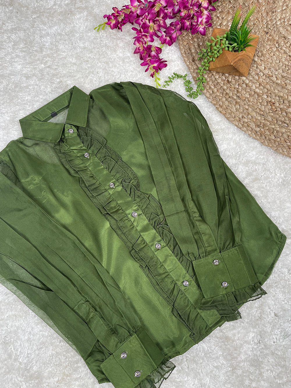 Mehendi Color Organza Plain Shirt ClothsVilla.com