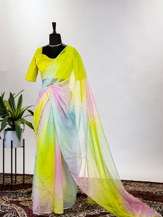 Mint Color Floral & Foil Printed Organza Saree Clothsvilla