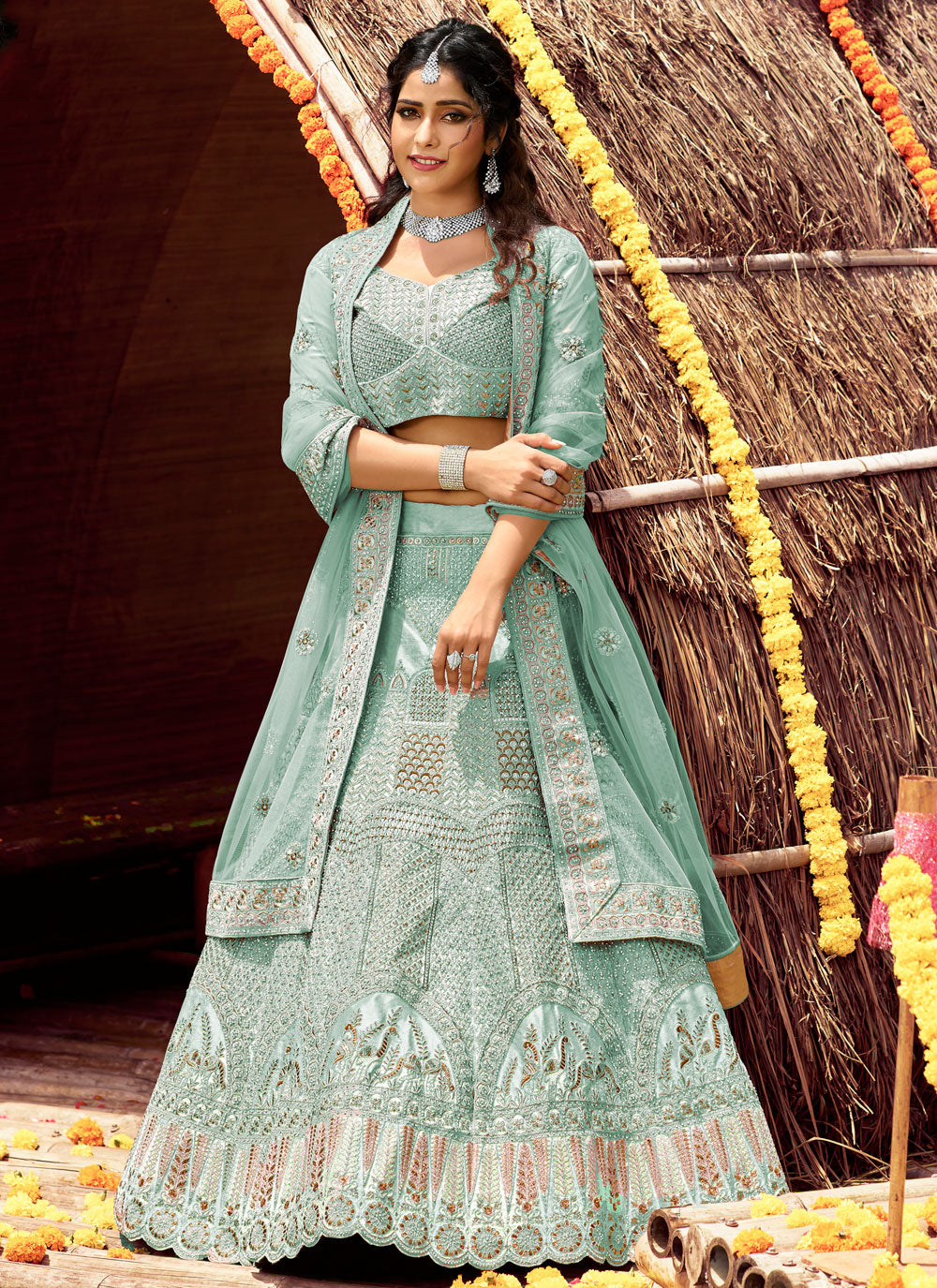 Sea Green Patch Border Lehenga Choli Clothsvilla