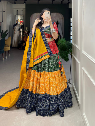 Multi Color Bandhej Printed With Foil Work Rayon Navratri Chaniya Choli ClothsVilla.com