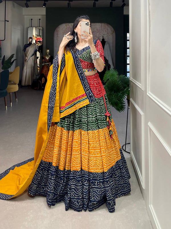 Multi Color Bandhej Printed With Foil Work Rayon Navratri Chaniya Choli ClothsVilla.com