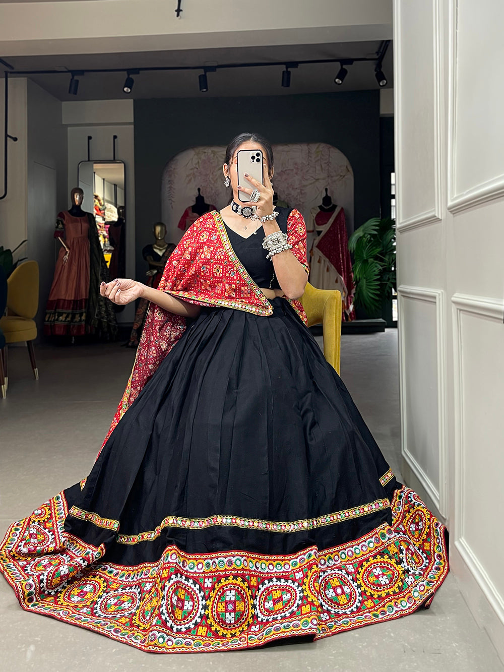 Black Color Gamthi Work With Mirror Work Cotton Chaniya Choli ClothsVilla.com