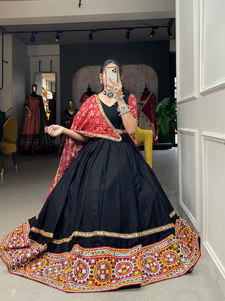 Black Color Gamthi Work With Mirror Work Cotton Chaniya Choli ClothsVilla.com