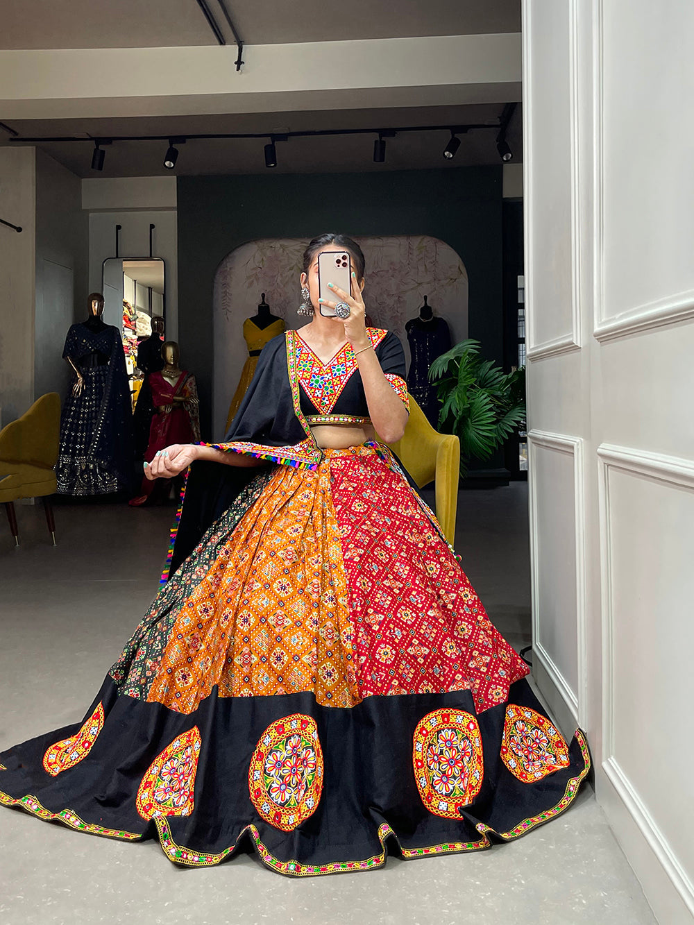 Multi Color Printed With Gamthi Work Cotton Lehenga Choli ClothsVilla.com