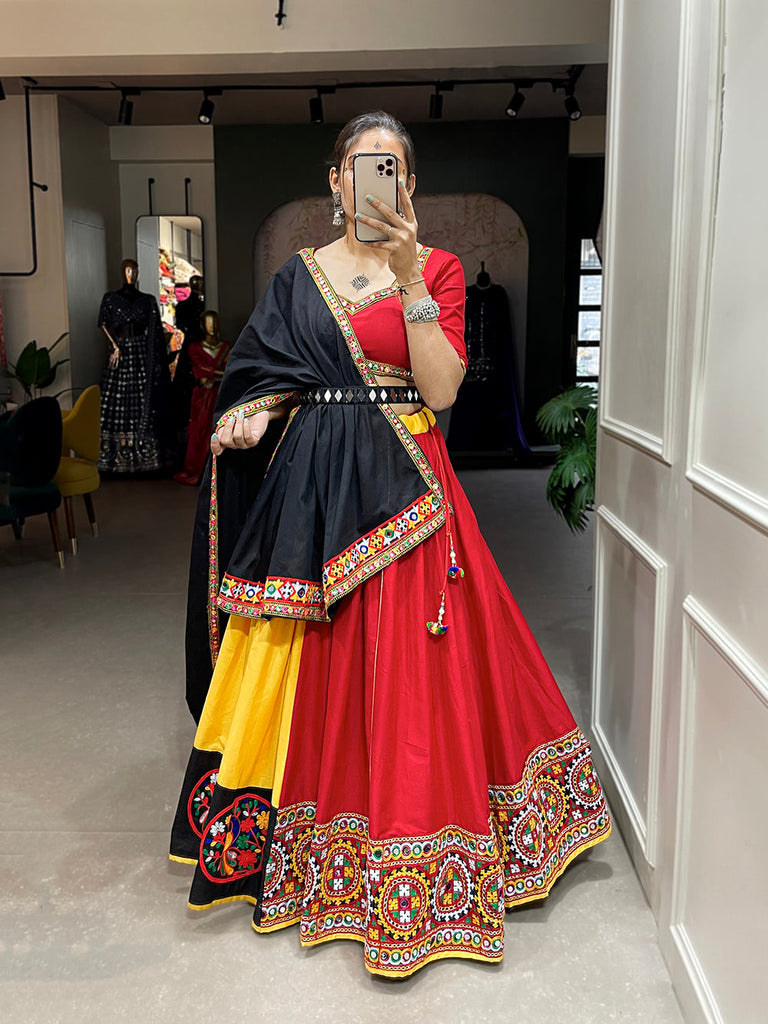 Red Color Gamthi And Mirror Work Chaniya Choli ClothsVilla.com
