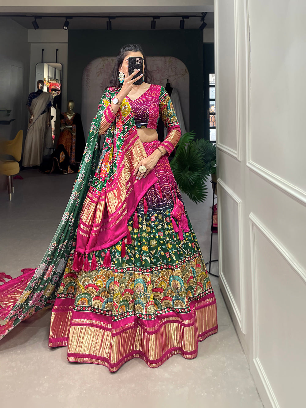 Multi Color Digital Printed With Lagadi Patta Gaji Silk Lehenga Choli Clothsvilla