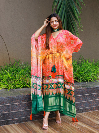 Multi Color Bandhej Digital Print Pure Gaji Silk Kaftan Clothsvilla