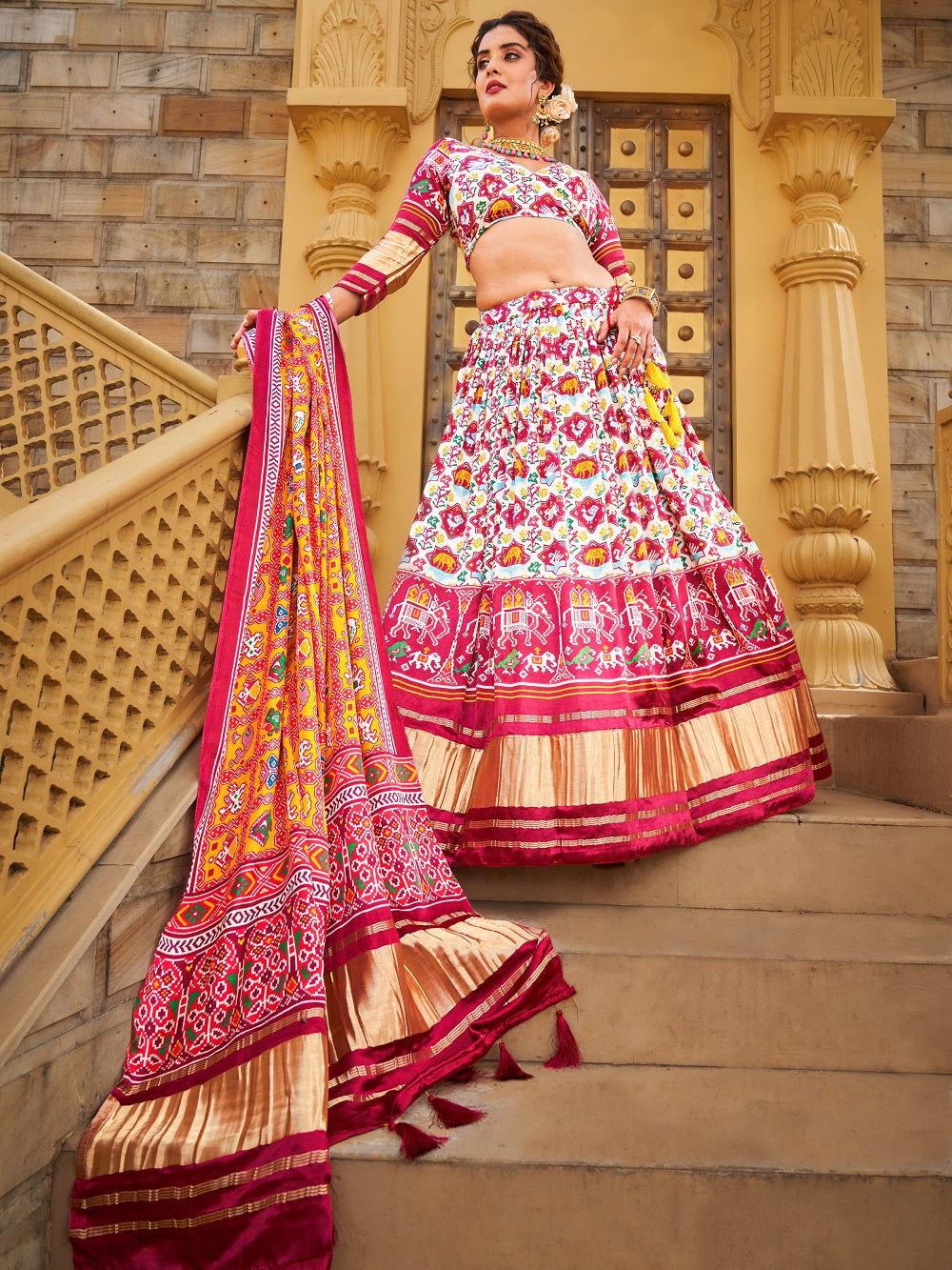 Multi Color Digital Printed gaji Silk Lehenga Clothsvilla