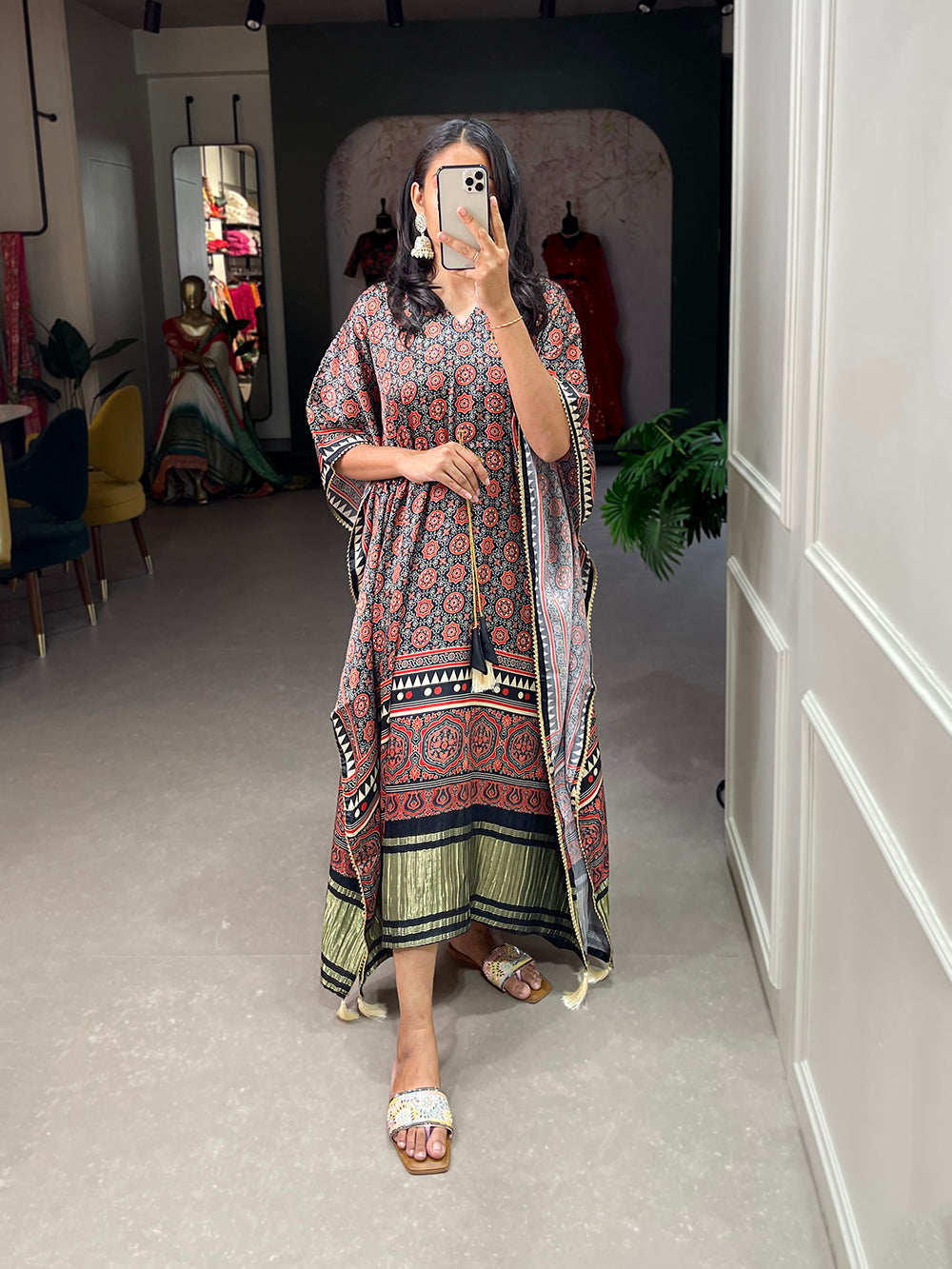 Multi Color Ajrakh Digital Printed Gaji Silk Kaftan ClothsVilla