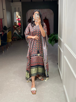 Multi Color Ajrakh Digital Printed Gaji Silk Kaftan ClothsVilla
