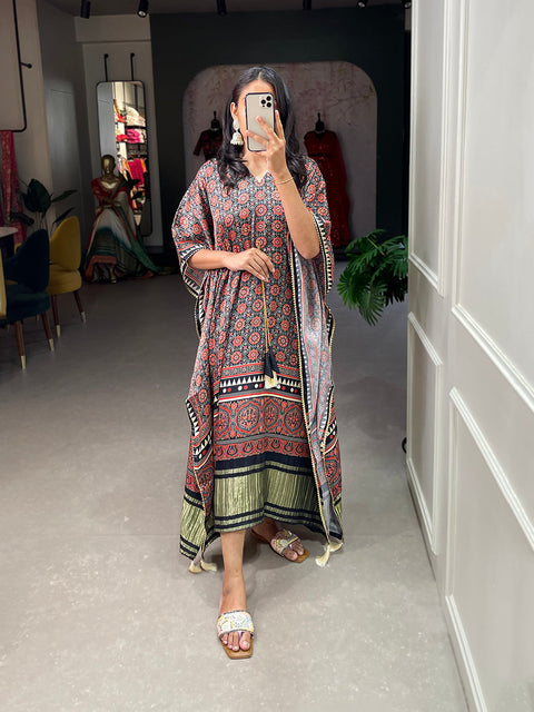 Multi Color Ajrakh Digital Printed Gaji Silk Kaftan ClothsVilla Main image