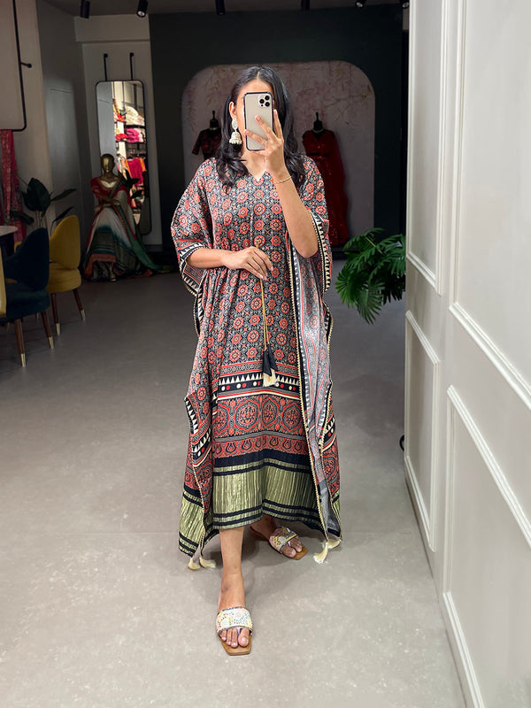 Multi Color Ajrakh Digital Printed Gaji Silk Kaftan ClothsVilla