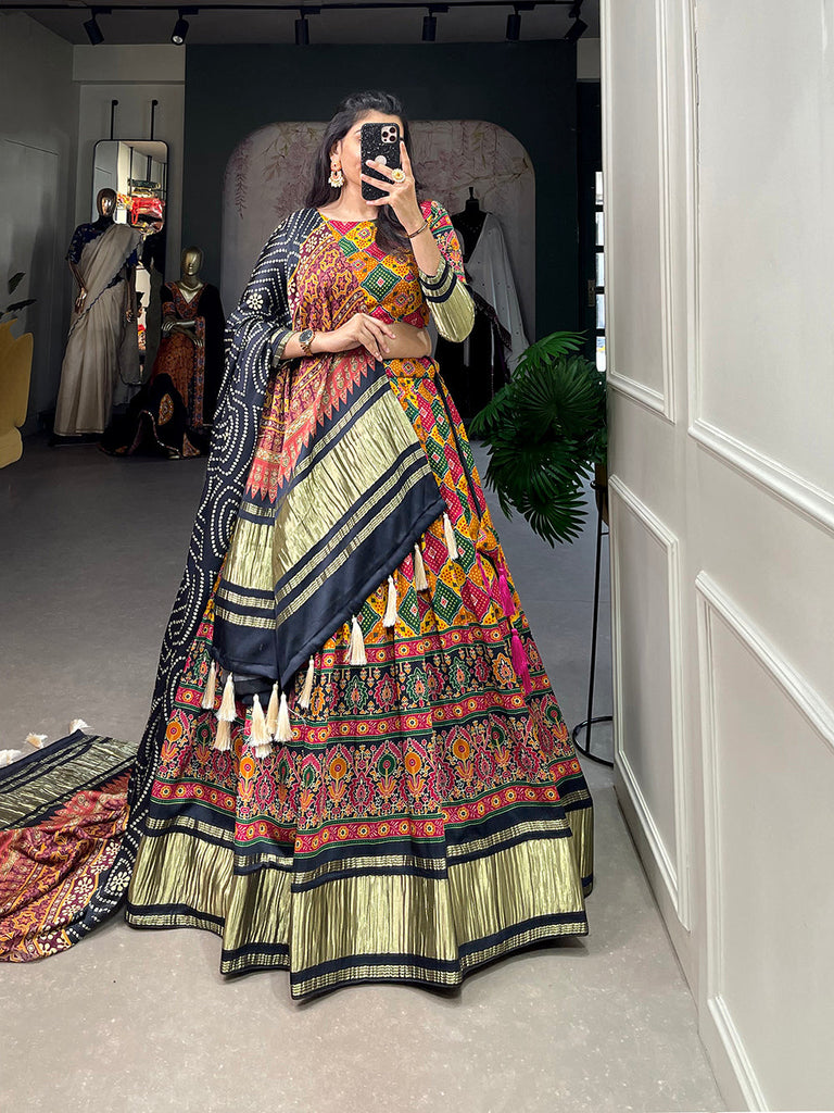 Multi Color Digital Printed With Lagadi Patta Gaji Silk Lehenga Choli Clothsvilla
