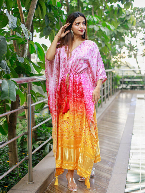 Multi Color Digital Bandhej Print Pure Gaji Silk Kaftan Clothsvilla Main image