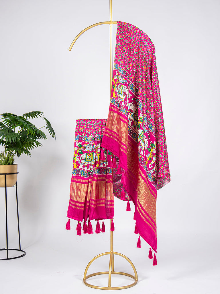 Multi Color Digital Printed Pure Gaji Silk Dupatta With Tassels Clothsvilla