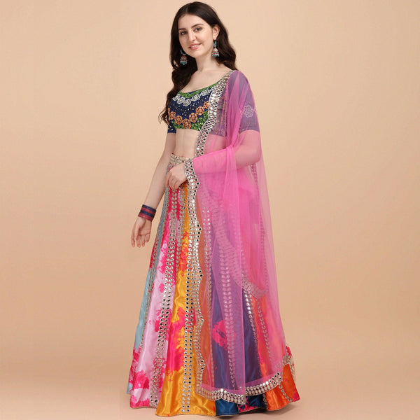 Multicolor Party Wear Digital Printed & Embroidered Satin Lehenga Choli Clothsvilla