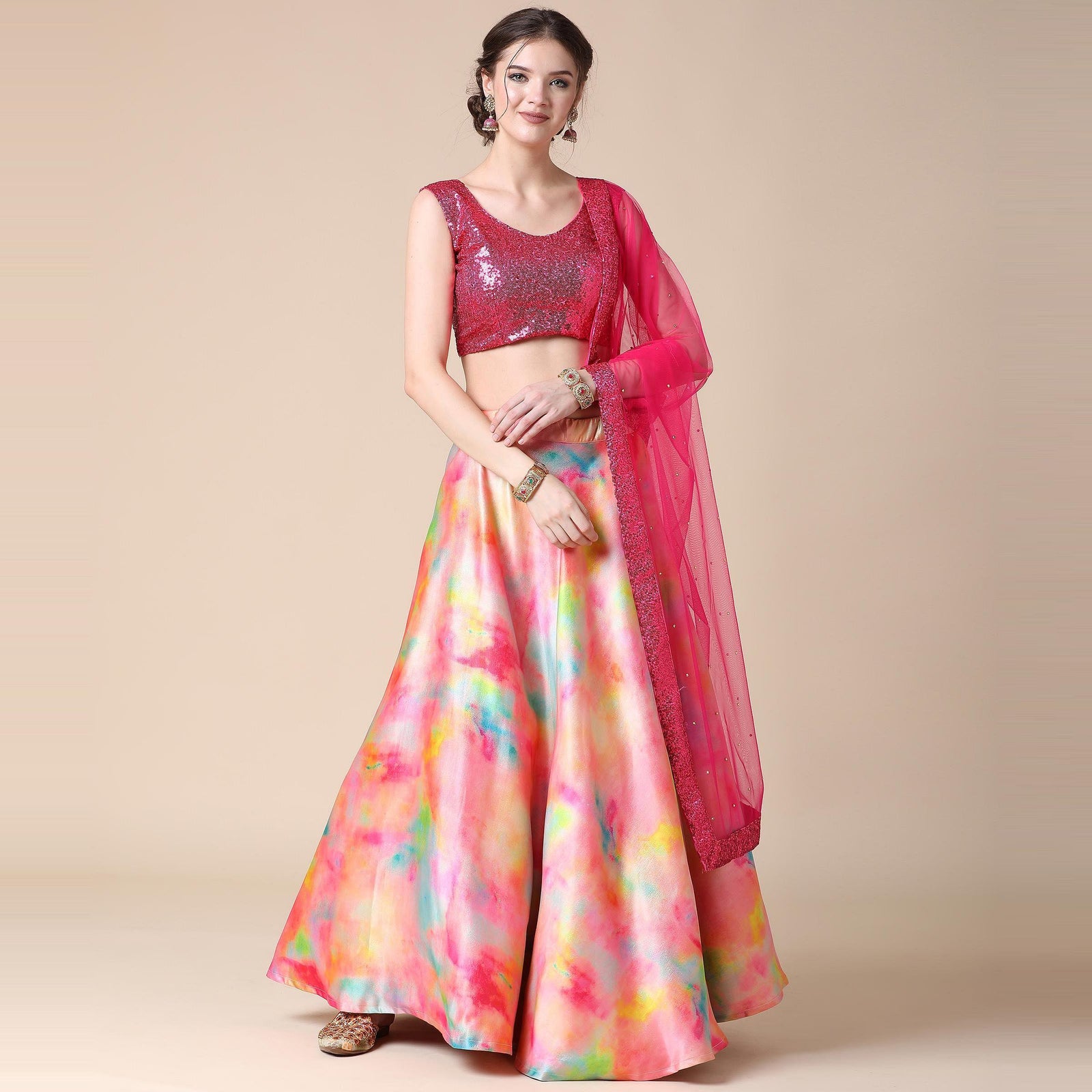 Multicolor Partywear Heavy Digital Printed Heavy Silk Lehenga Clothsvilla
