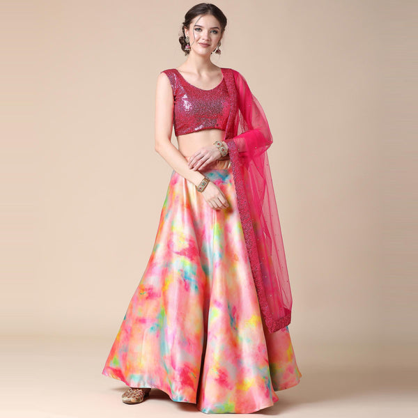 Multicolor Partywear Heavy Digital Printed Heavy Silk Lehenga Clothsvilla
