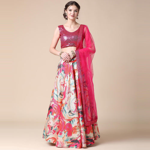 Multicolor Partywear Heavy Digital Printed Heavy Silk Lehenga Clothsvilla