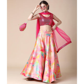Multicolor Partywear Heavy Digital Printed Heavy Silk Lehenga Clothsvilla