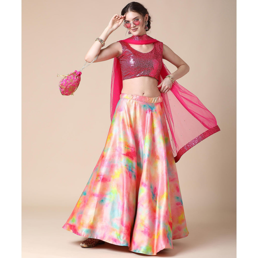 Multicolor Partywear Heavy Digital Printed Heavy Silk Lehenga Clothsvilla