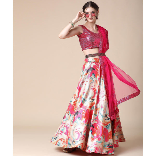 Multicolor Partywear Heavy Digital Printed Heavy Silk Lehenga Clothsvilla