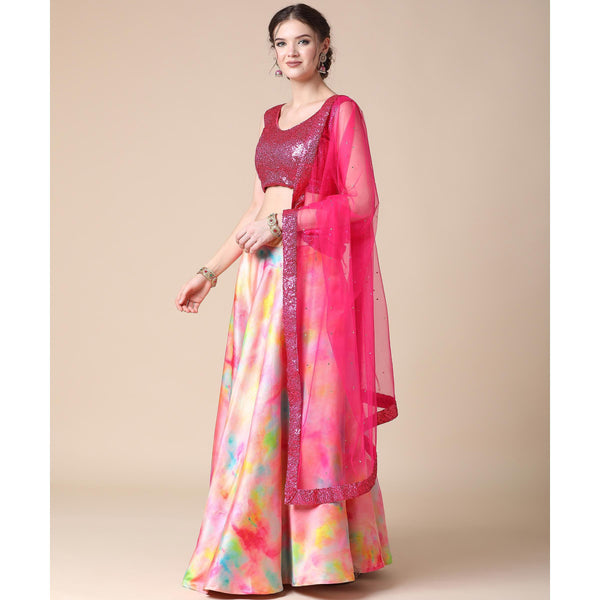 Multicolor Partywear Heavy Digital Printed Heavy Silk Lehenga Clothsvilla