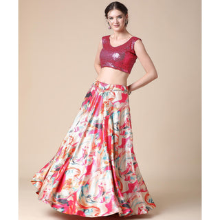 Multicolor Partywear Heavy Digital Printed Heavy Silk Lehenga Clothsvilla