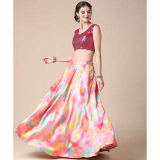 Multicolor Partywear Heavy Digital Printed Heavy Silk Lehenga Clothsvilla