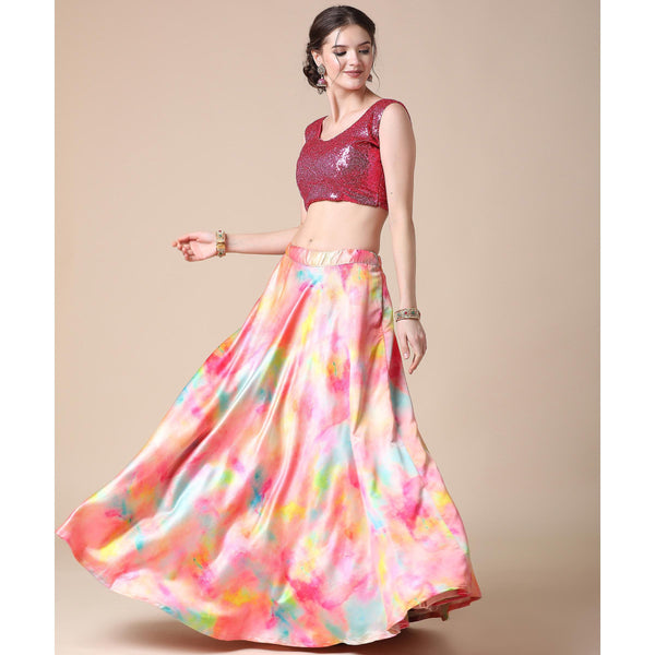 Multicolor Partywear Heavy Digital Printed Heavy Silk Lehenga Clothsvilla