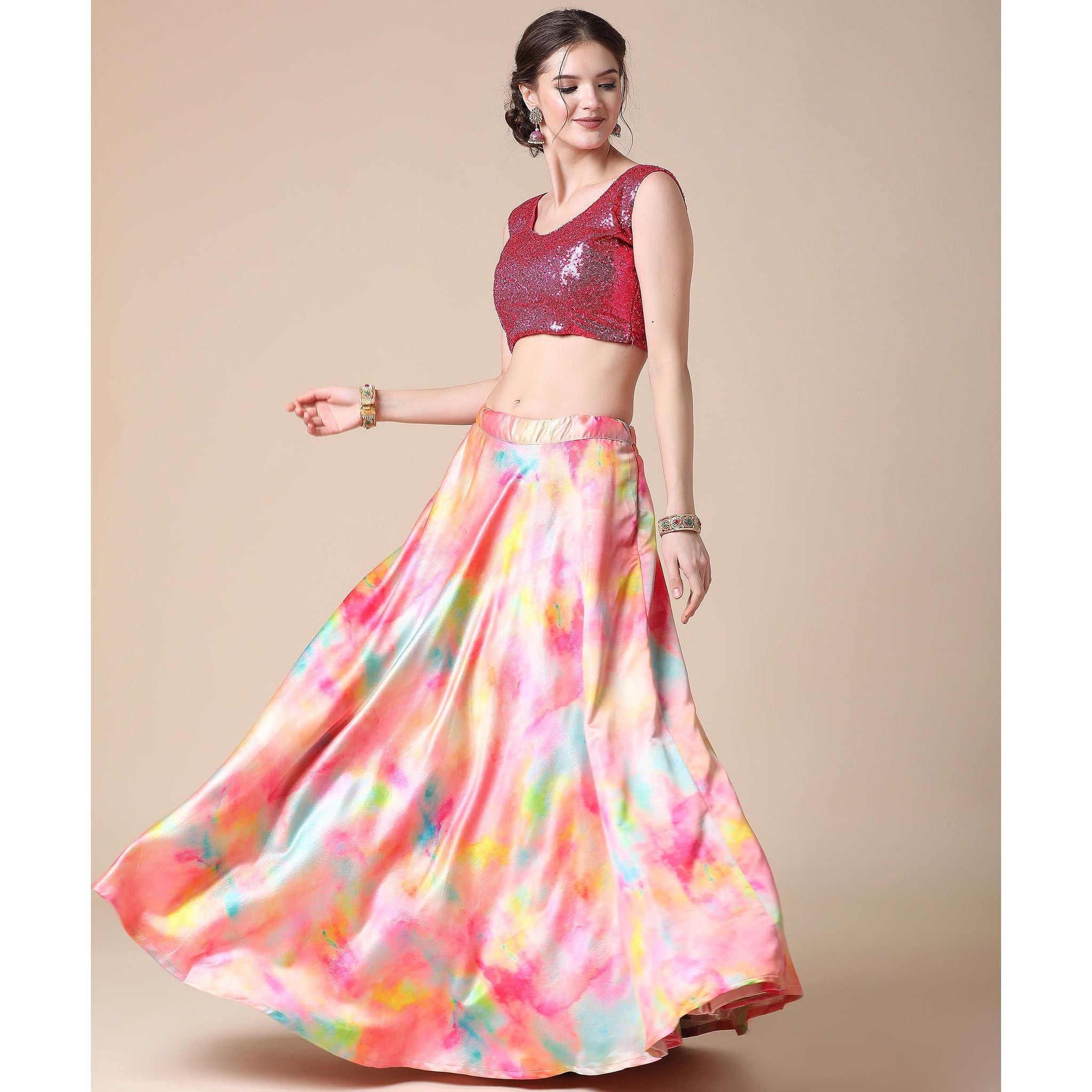 Shop Multicolored Digital Printed Crop Top N Skirt Party Wear