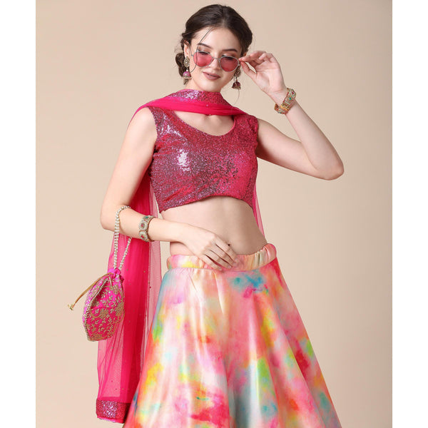 Multicolor Partywear Heavy Digital Printed Heavy Silk Lehenga Clothsvilla