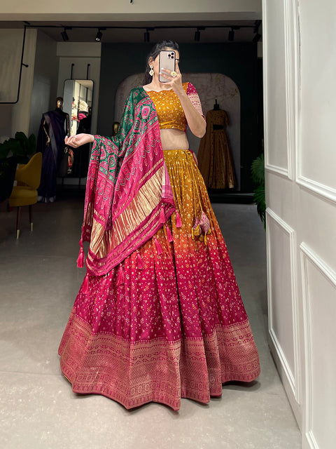 Mustard Color Printed With Zari Weaving Work Viscose Dola Silk Lehenga Choli Clothsvilla Main image