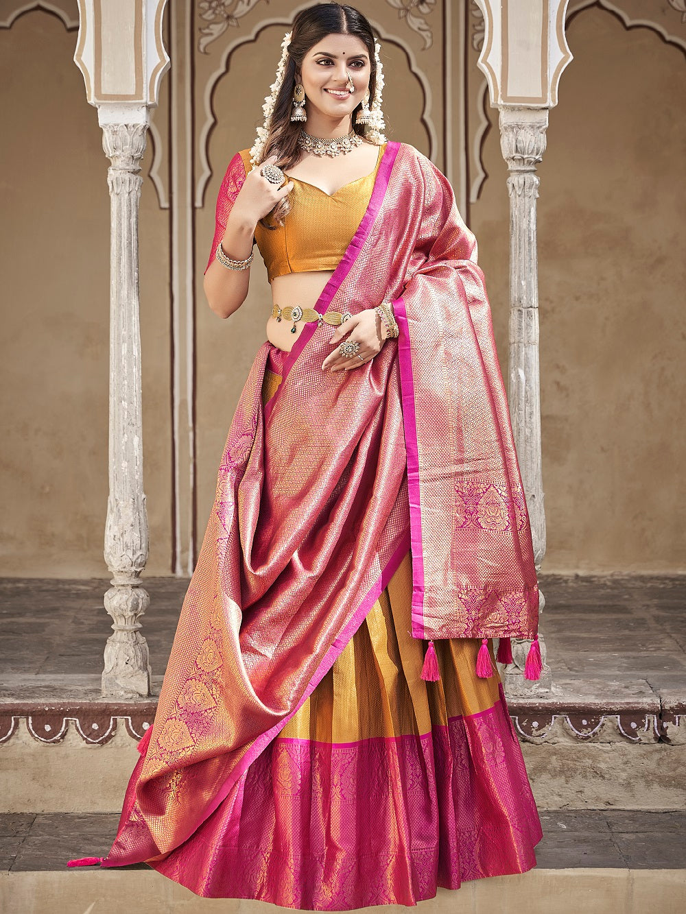 Mustard Color Zari Weaving Work Jacquard Silk Lehenga Choli ClothsVilla.com
