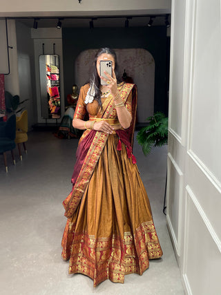 Mustard Color Zari Weaving Work Narayan Pet (Cotton) South Style Lehenga Choli ClothsVilla.com