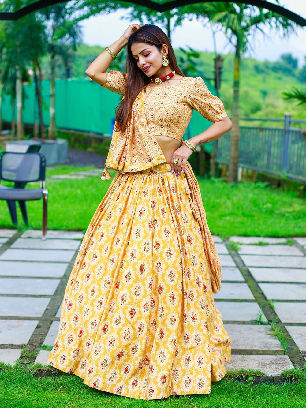 Mustard Color Foil Printed Chanderi Cotton Lehenga Choli Clothsvilla
