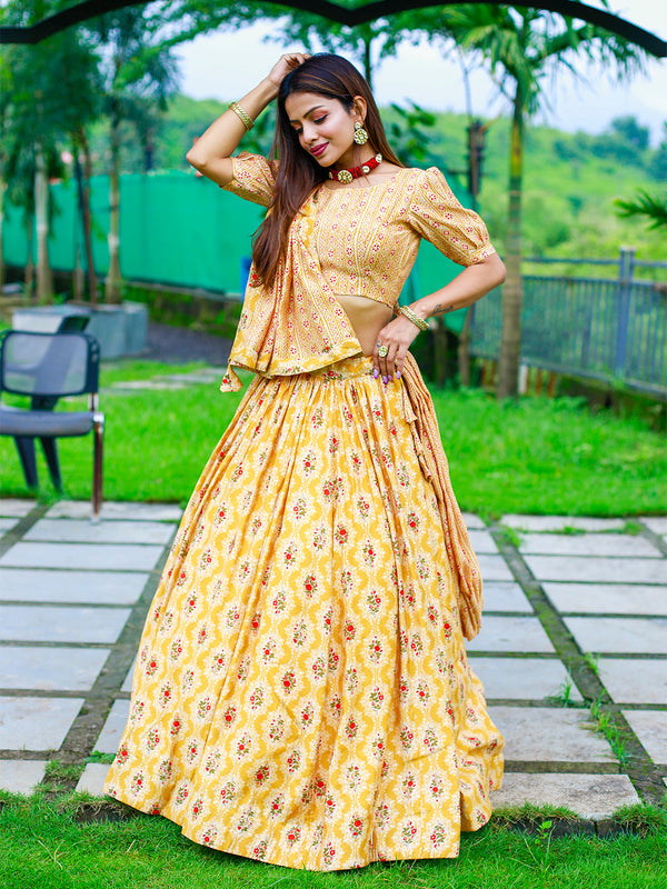 Mustard Color Foil Printed Chanderi Cotton Lehenga Choli Clothsvilla