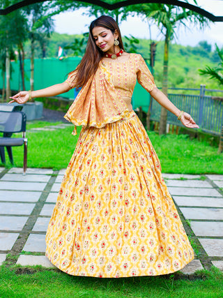 Mustard Color Foil Printed Chanderi Cotton Lehenga Choli Clothsvilla